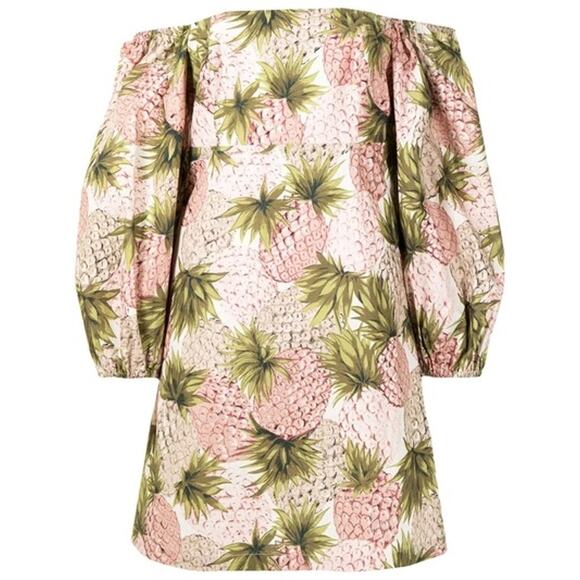 Cara Cara Pink Green Tropical Summer Pineapple Print Off Shoulder Mini Dress M - Picture 1 of 10